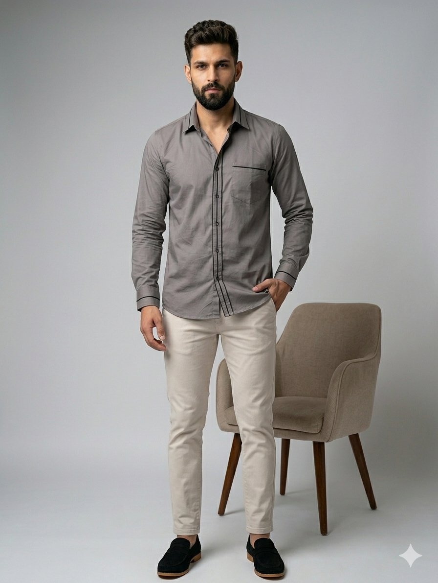 Grey Cotton Shirt with Contrast Piping